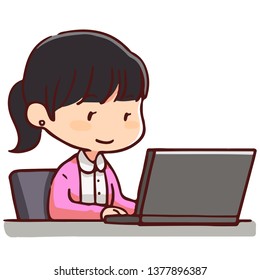 Woman working while smiling