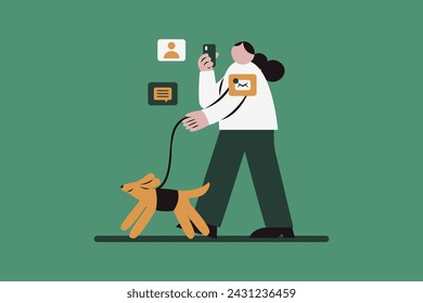 Mujer trabajando mientras camina con perro Vector Ilustración