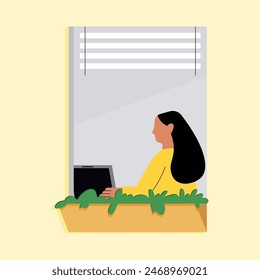 Woman working in window, working girl, woman working in laptop