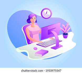 a woman working at a work desk 
