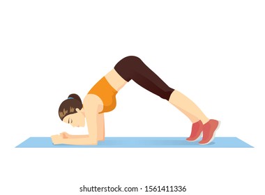 Woman in Workout Clothes doing Dolphin Plank pose exercise on blue mat. Illustration about training for better shape.
