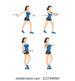 Woman Workout Doing Cable Chest Crossover And Bicep Dumbbell Curl Flat Vector Illustration