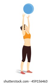 Woman workout with fitness ball. She throwing ball into the air above the head.