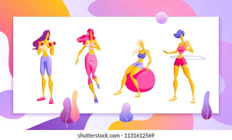 Woman workout fitness, pilates, aerobic Set of girls doing exercise, jogging Modern flat design concept Vector Illustration