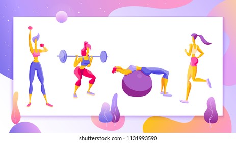 Woman workout fitness, pilates, aerobic Set of girls doing exercise, jogging Modern flat design concept Vector Illustration