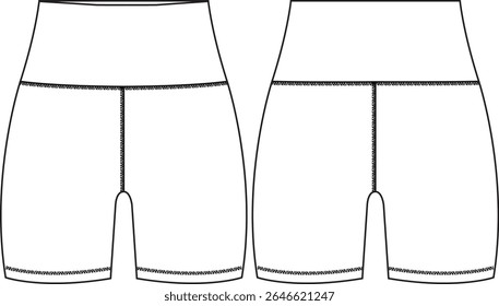 Mulher exercício alto elevação legging mini curto com cintura larga, esboço frente e atrás, vetores