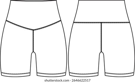 Mulher exercício alto elevação legging mini curto, cintura larga com forma de V na frente, esboço frente e atrás, vetores