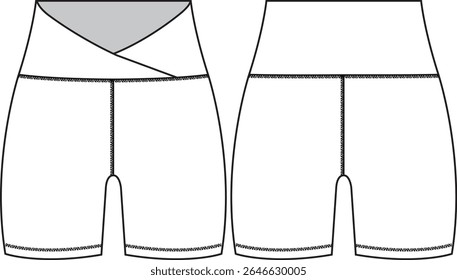 Mulher exercício alto elevação legging mini curto com cintura larga envolto na frente, esboço frente e atrás, vetores