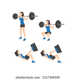 Woman workout leg exercise. Barbell squat down and leg press exercise. Flat vector illustration