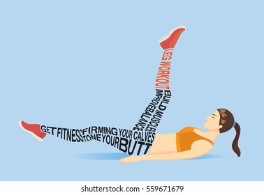 Woman workout with lying on the floor and swing leg. Fitness illustration in typographic style half body.