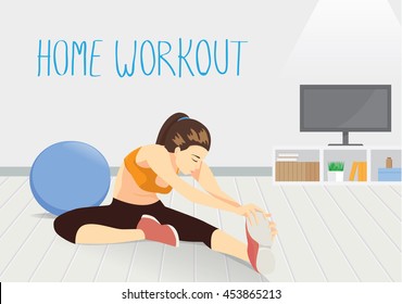 Woman workout in room at home. Illustration about healthy lifestyle.