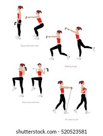 Woman workout with the walking sticks and resistance band. Female doing lunge, squat, twist. Vector illustration