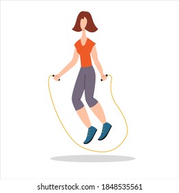 Woman workout withskipping rope.Flat vector isolated illustration. Woman action character.
