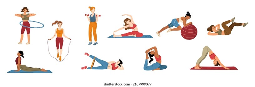 Woman workout and yoga exercises, sportswoman character in gym jump with rope, spinning hoop, training with dumbbells and fit ball, doing gymnastics, pumping arms and legs, Line art flat vector set