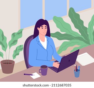 Woman at workplace. Girl sitting at laptop. Director reviewing report, businesswoman working on expanding company. Employee preparing presentation, marketing research. Cartoon flat vector illustration