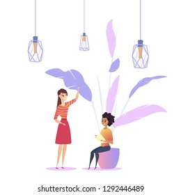 Woman Workplace Loft Modern Plant Coworking. Creative Lamp above Female Character Work in Creative Space. Corporate Employee Chill at Lounge Interior Flat Cartoon Vector Illustration