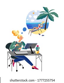 Woman at workplace thinking about beach relaxation, imagines future rest. Girl sunbathes in lounger. Office female worker dreaming of vacation at sea. Vector character illustration of dreamy employee