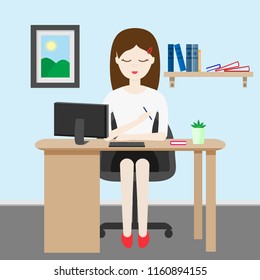 A woman at the workplace. Woman at work character in cartoon style. The office worker sits at the desk. Working space.
