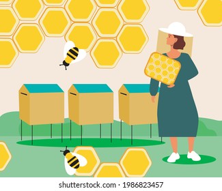 A woman works in an apiary with bees. Flat vector stock illustration. Rescue bees. Honey production. Beekeeper with honeycomb. Beekeeping concept. Vector graphics