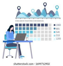 Woman works in brokers exchange company, analyzing financial growth and statistics, investor investigate market of sales and buys. Vector financial analytic at computer