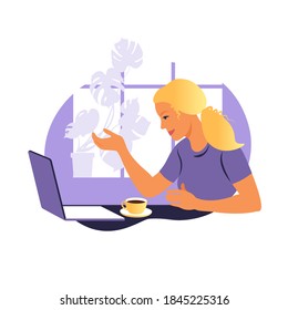A woman works and communicates on a laptop computer, sitting at a table at home with a Cup of coffee and papers. Vector illustration. Flat.