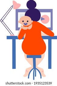 a woman works at a computer; a child in the arms of a woman