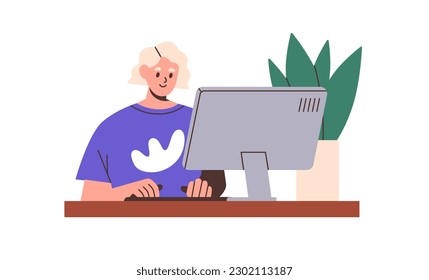 Woman works at computer desk. Happy person employee at desktop PC, table. Worker working at workplace, typing, surfing internet, using technology. Flat vector illustration isolated on white background