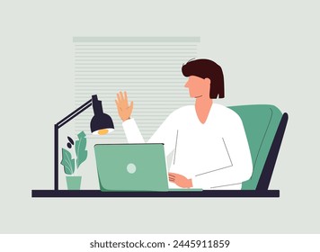 Woman works at computer desk. Happy person employee at desktop PC, table. Worker working at workplace, typing, surfing internet, using technology. Flat vector illustration isolated on white background