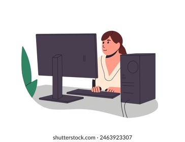 Woman works at computer desk, happy woman employee sitting office work desk, business person employee at desktop pc on table, greeting via internet, people using technology flat vector illustration.