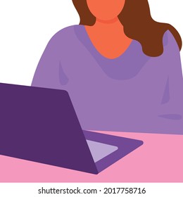 The woman works at the computer. Flat vector illustration. Laptop and table. Remote work, work from home and online learning concept.