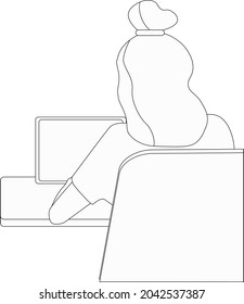 woman works at the computer. Freelance concept. Vector illustration in simple style, outline.