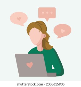 The woman works at the computer. The girl writes messages in the chat. Young woman with laptop. Love correspondence. Vector flat illustration. Isolated background.
