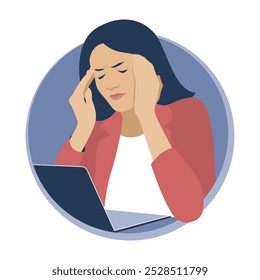 A woman works at a computer with a headache. A woman holds her head in pain and works. Flat design. Vector illustration on a white background.