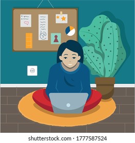 A woman works at a computer at home. Freelance. Vector illustration.