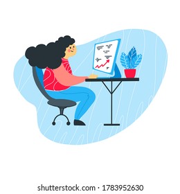 Woman works at a computer at home. Freelancer work. Vector illustration in flat style. Working at home concept.