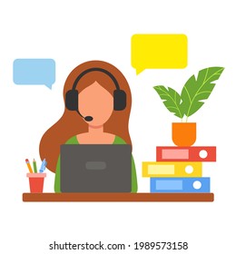 The woman works at the computer. Remote work. Home office. Freelancer, dispatcher, student, teacher. Online customer service. Helping clients. Call center, support, hotline. Vector illustration.