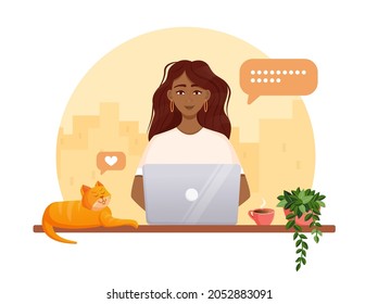 Woman works at the computer. Remote work, freelance, home office, programming, education. Communication on the Internet, online meetings. Vector illustration.