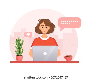 Woman works at the computer. Remote work, freelance, home office, programming, education. Communication on the Internet, online meetings. Vector illustration