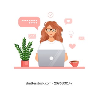 Woman works at the computer. Remote work, freelance, home office, programming, education. Communication on the Internet, online meetings. Vector illustration.