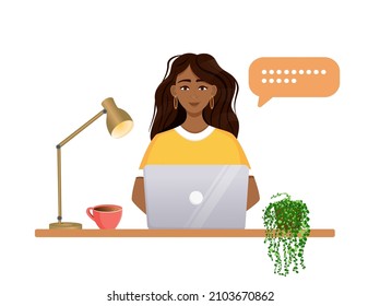 Woman works at the computer. Remote work, freelance, home office, programming, education. Communication on the Internet, online meetings. Vector illustration