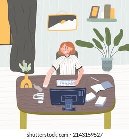 The woman works at the computer. Remote work from home. The designer works from an apartment. Hand draw style
