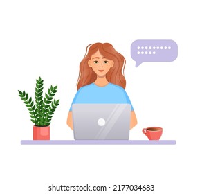 Woman works at the computer. Remote work, freelance, home office, programming, education. Communication on the Internet, online meetings. Vector illustration.