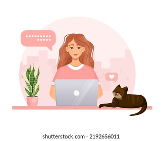 Woman works at the computer. Remote work, freelance, home office, programming, education. Communication on the Internet, online meetings. Vector illustration.