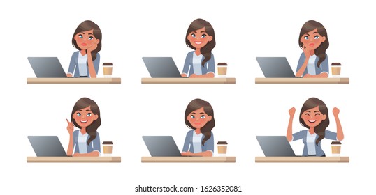 Woman works at a computer. The working process. A set of emotions. She thinks, idea, task and success. Vector illustration in cartoon style