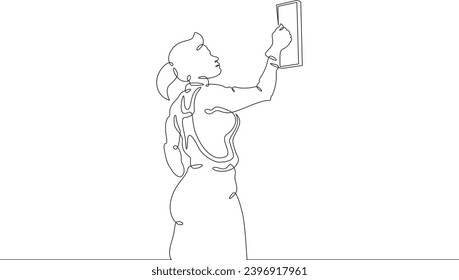 A woman works at a construction site. Woman builder. Handyman. Wrench. Repair. One continuous line drawing. Linear. Hand drawn, white background. One line.