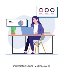 A woman works with data on her laptop at her desk surrounded by charts and books Use for business or education concepts