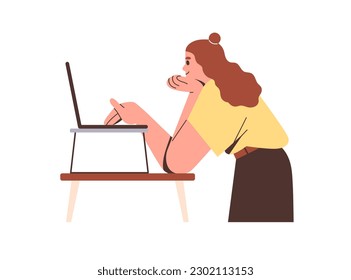 La mujer trabaja en el escritorio con soporte para portátil. Niña trabajando, estudiando en una computadora portátil. Empleada femenina en un lugar de trabajo cómodo ajustable con PC. Ilustración vectorial plana aislada en fondo blanco