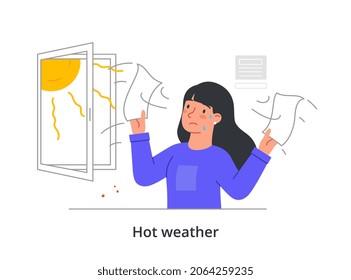 Woman works in heat concept. Employee opens window to cool air in office. Very hot weather. Sweating female character refreshes. Cartoon modern flat vector illustration isolated on white background