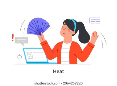 Woman works in heat concept. Young Female character with beads of sweat on her face sitting at laptop and waving fan. Cooling device in hot weather. Cartoon colorful flat vector illustration