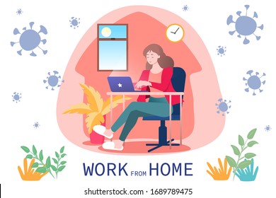 Woman Works From Home To Avoid Coronavirus, COVID-19 WFH Concept In Flat Style